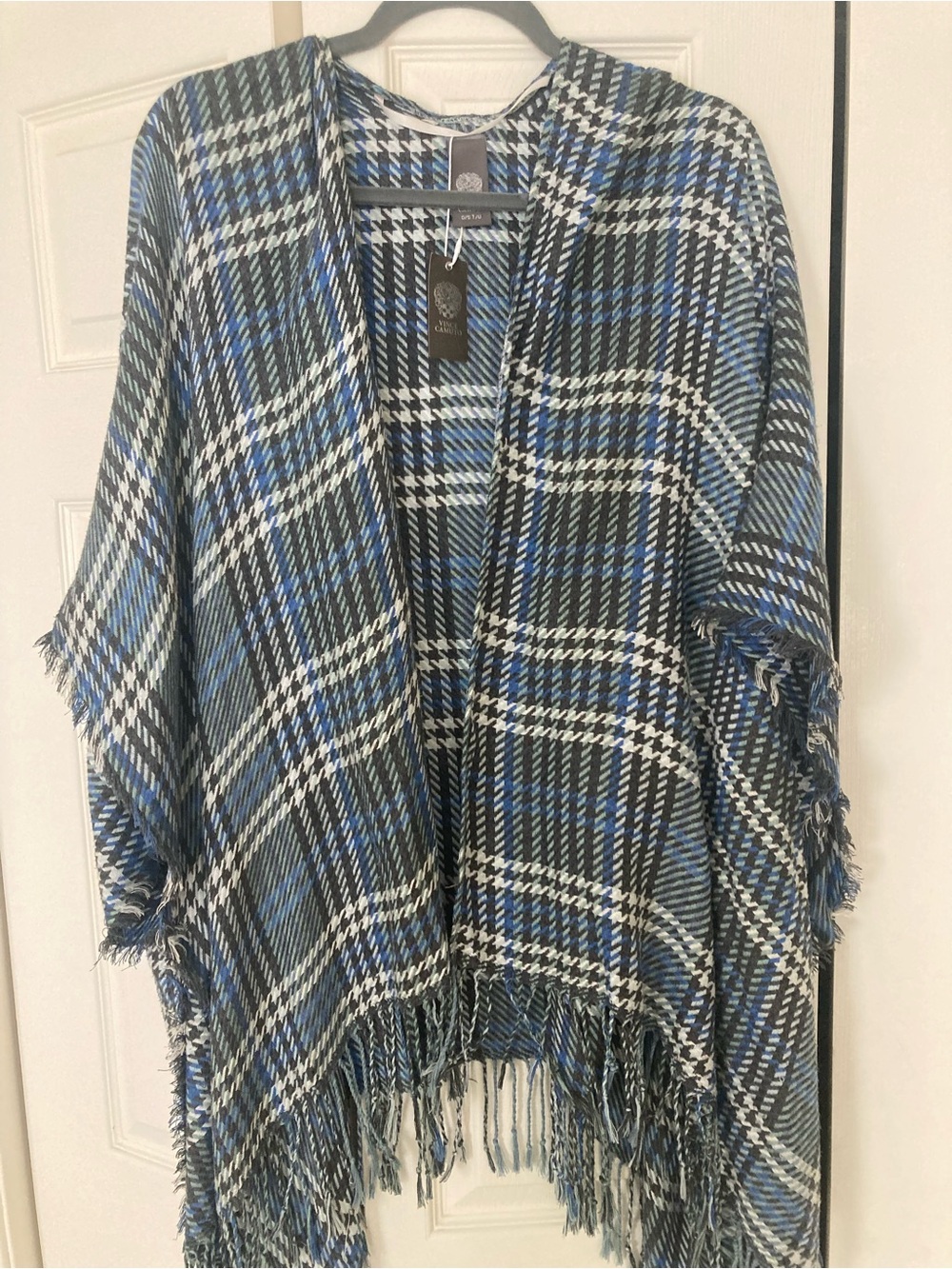 Vince Camuto Blue Black White Plaid Fringe Shawl